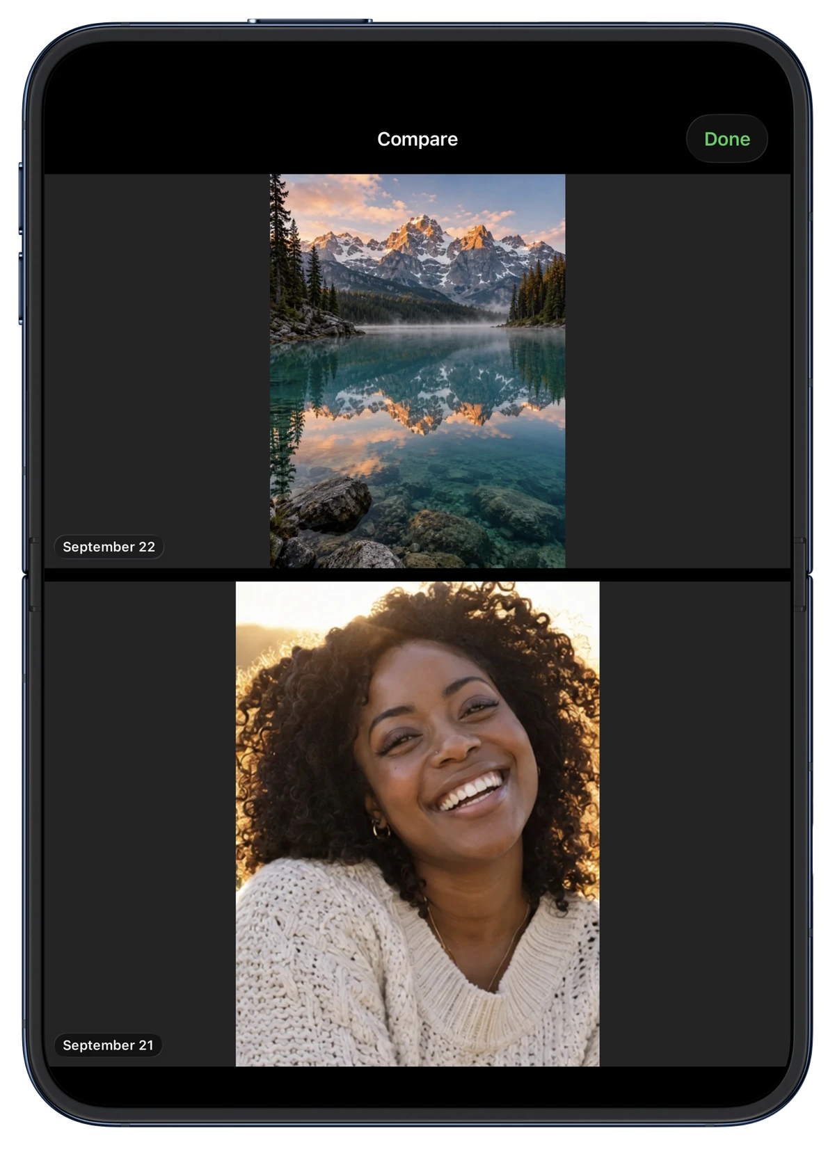 Compare with a mountain lake above a portrait on the open iPhone Duo