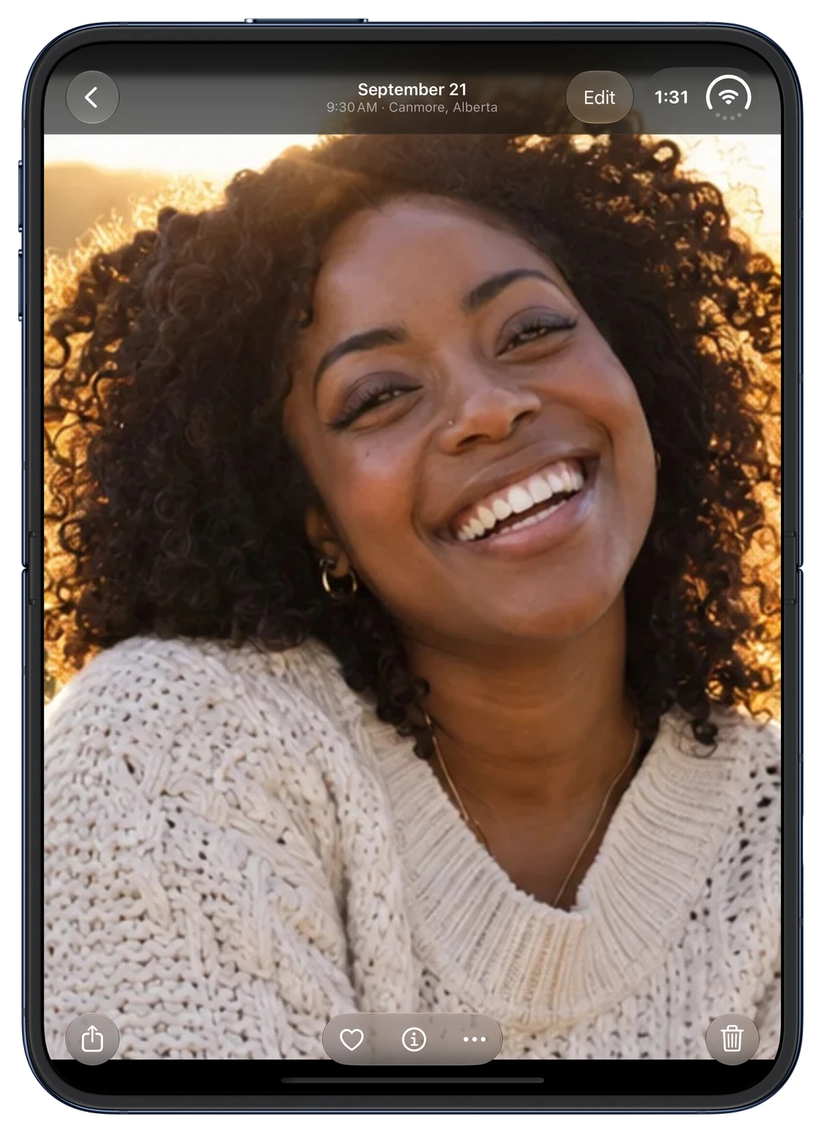 A portrait in the Frameleaf viewer on the open iPhone Duo