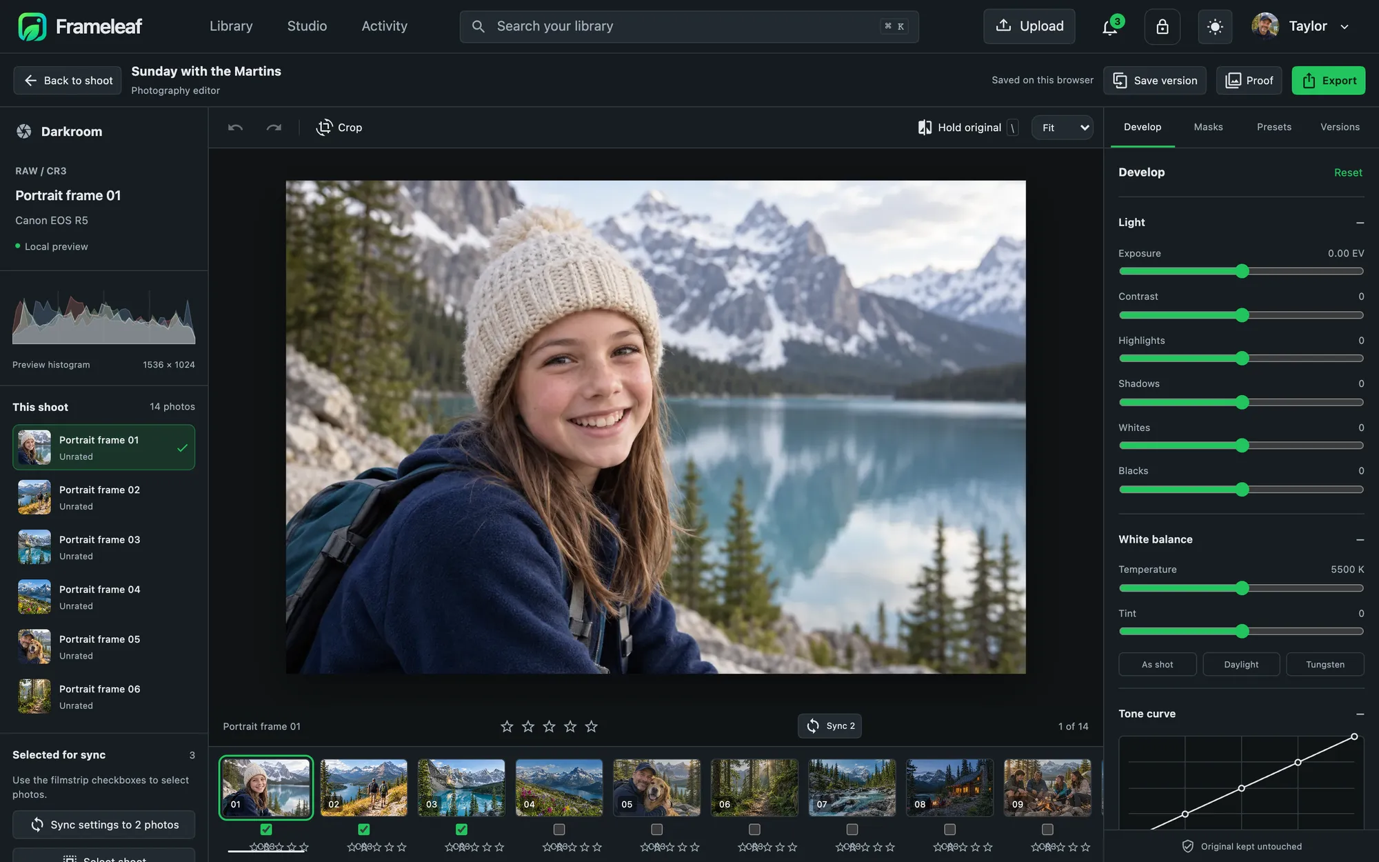 RAW editor with develop controls, tone curve and a filmstrip
