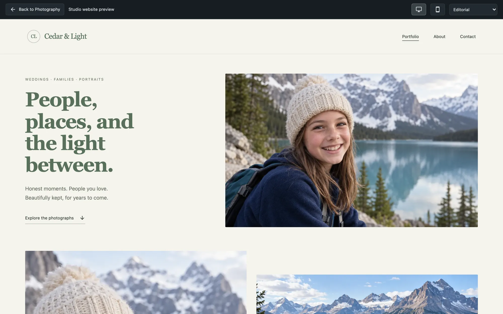 A studio website published from a Frameleaf server