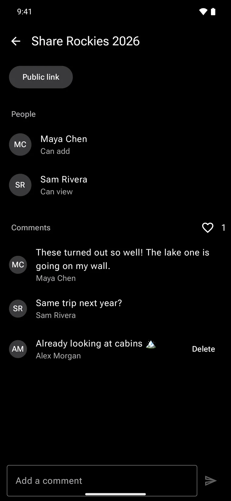 Sharing an album on Android