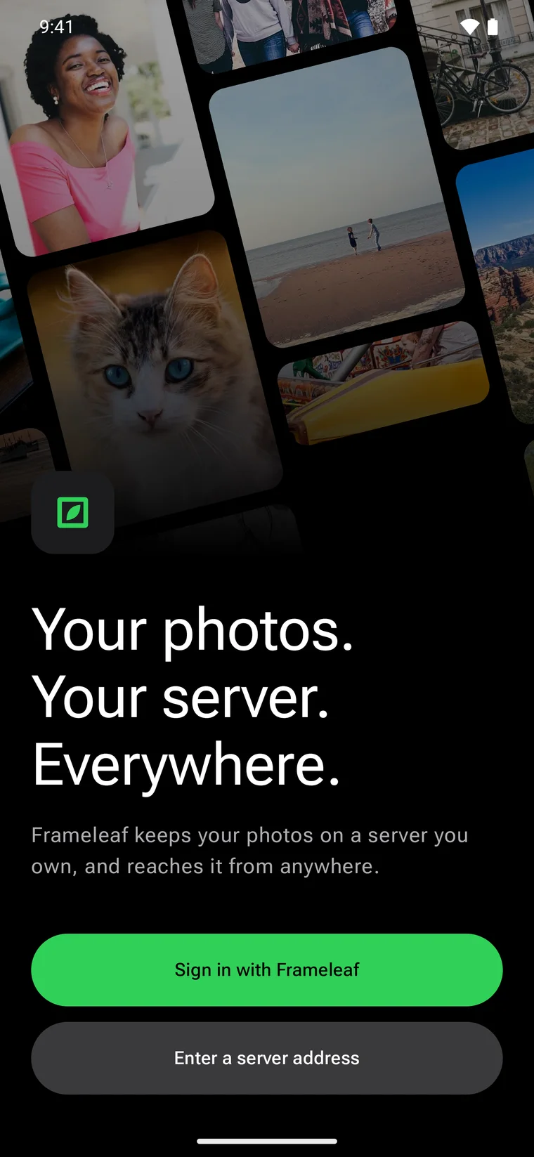 Frameleaf welcome screen on Android