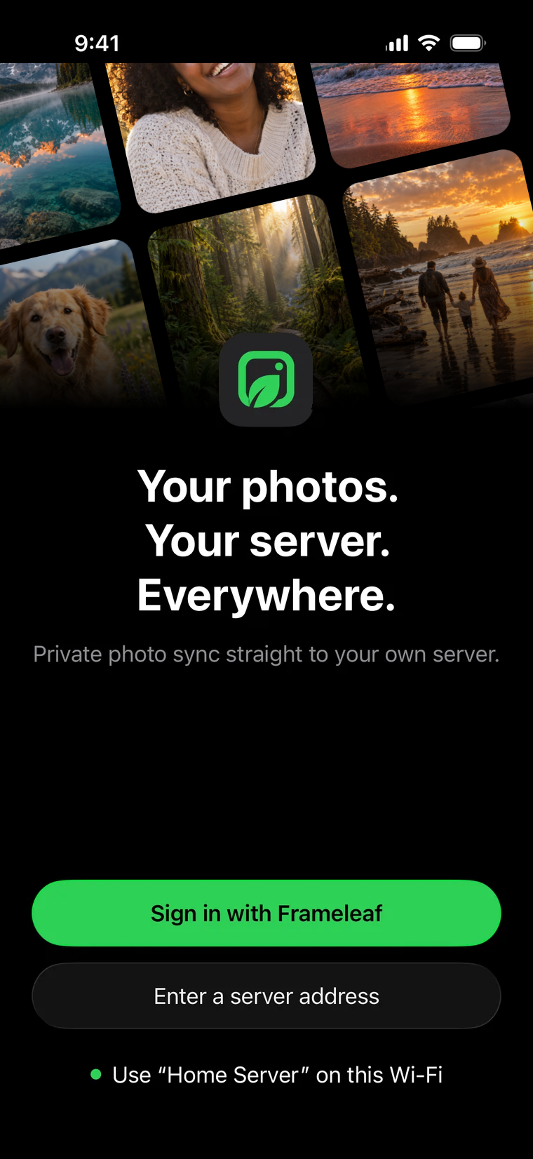 Frameleaf welcome screen on iPhone