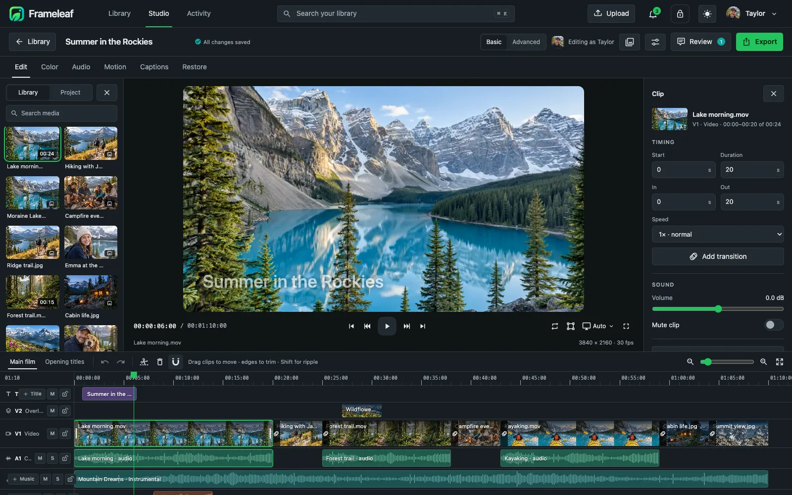 Studio timeline with titles, video, audio and music tracks