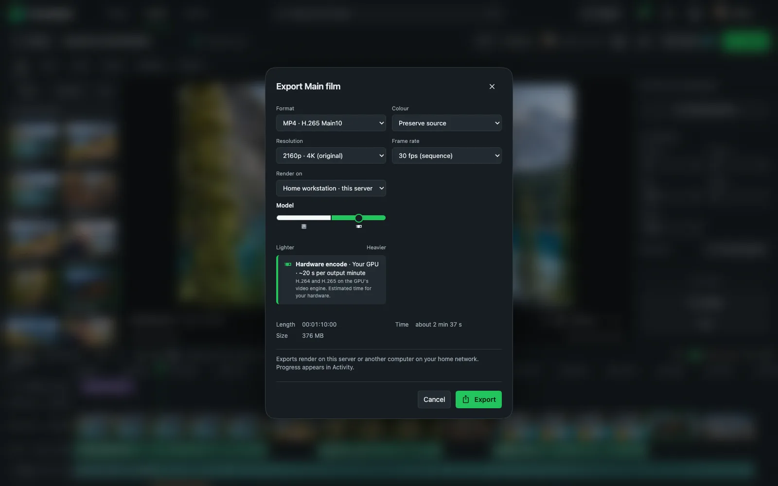 Export dialog with format, colour and resolution