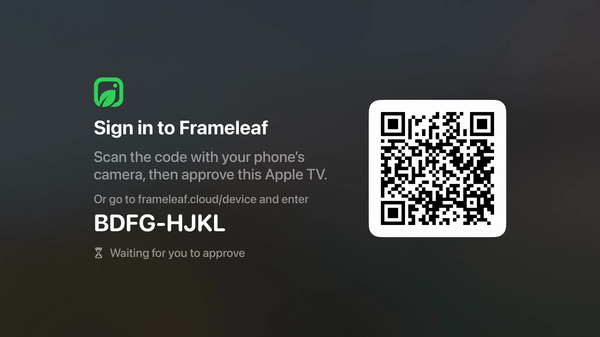 Sign in to Frameleaf with a QR code and a short code