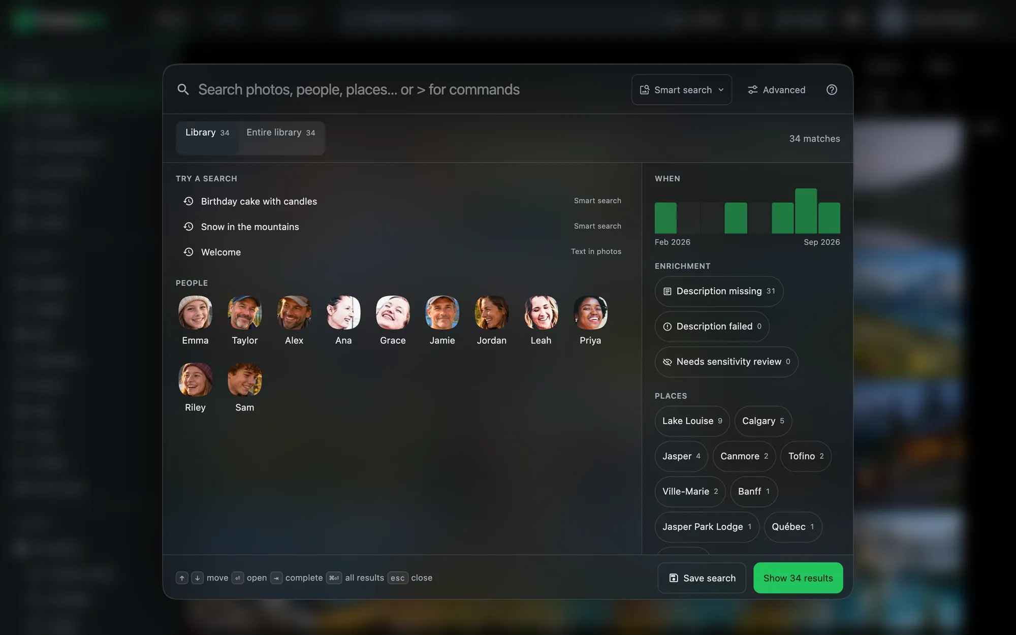 Search palette with suggestions, people and filters