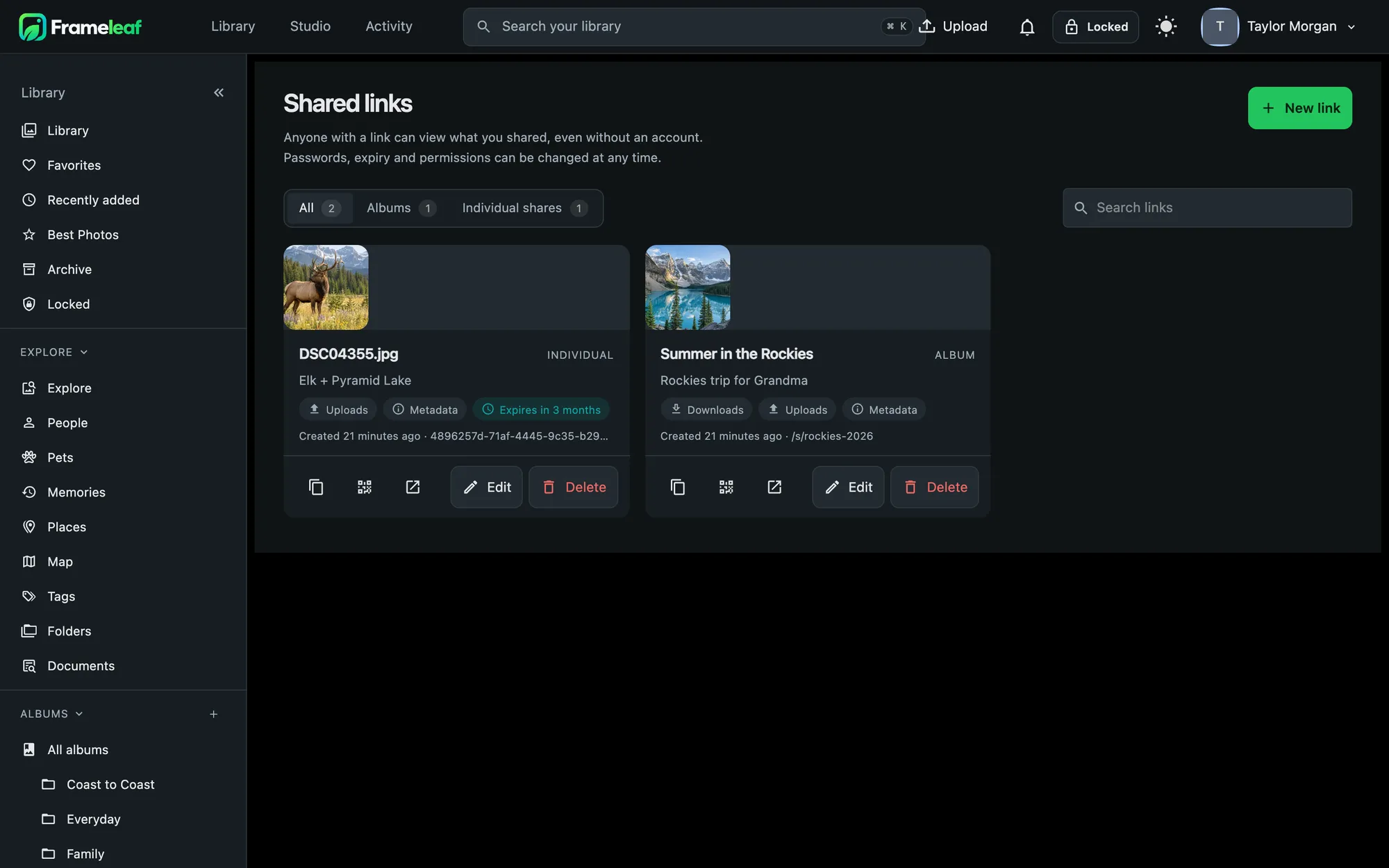 Shared links with expiry and permissions